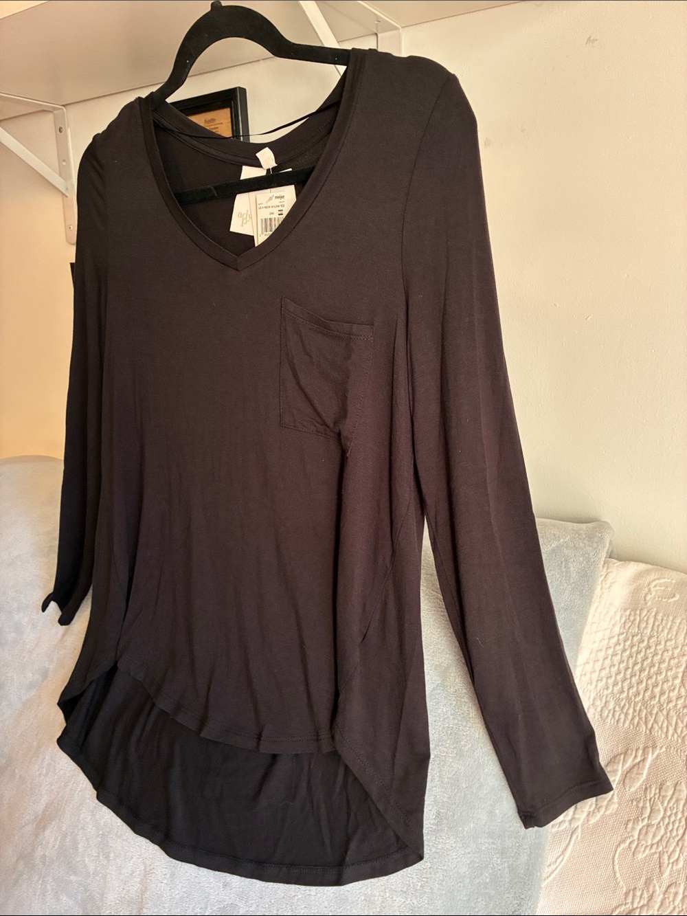 Oversized Classic Black V-Neck Long Sleeve Top With Chest Pocket